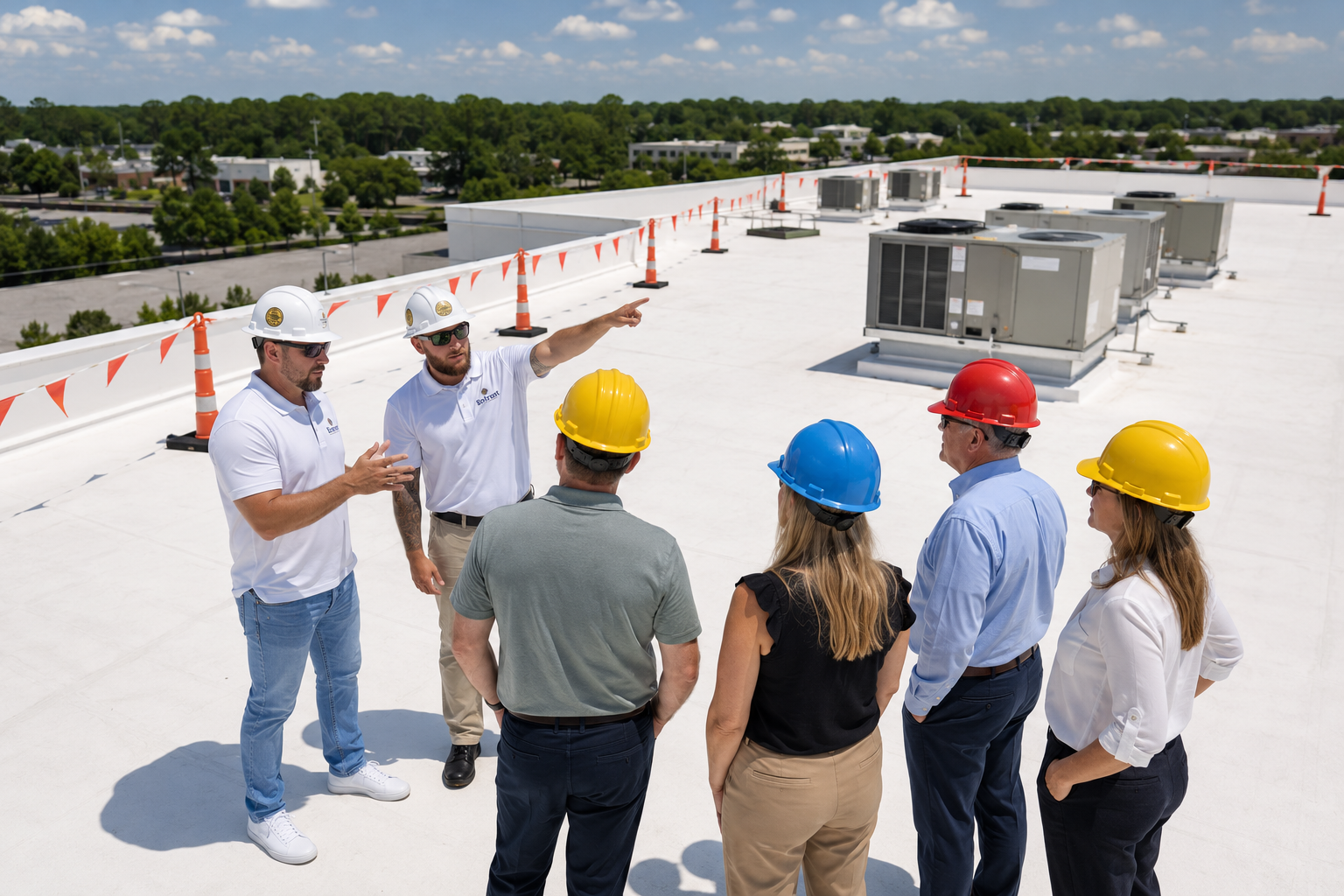 Commercial roofing contractor Gainesville inspecting a commercial roof with property representatives